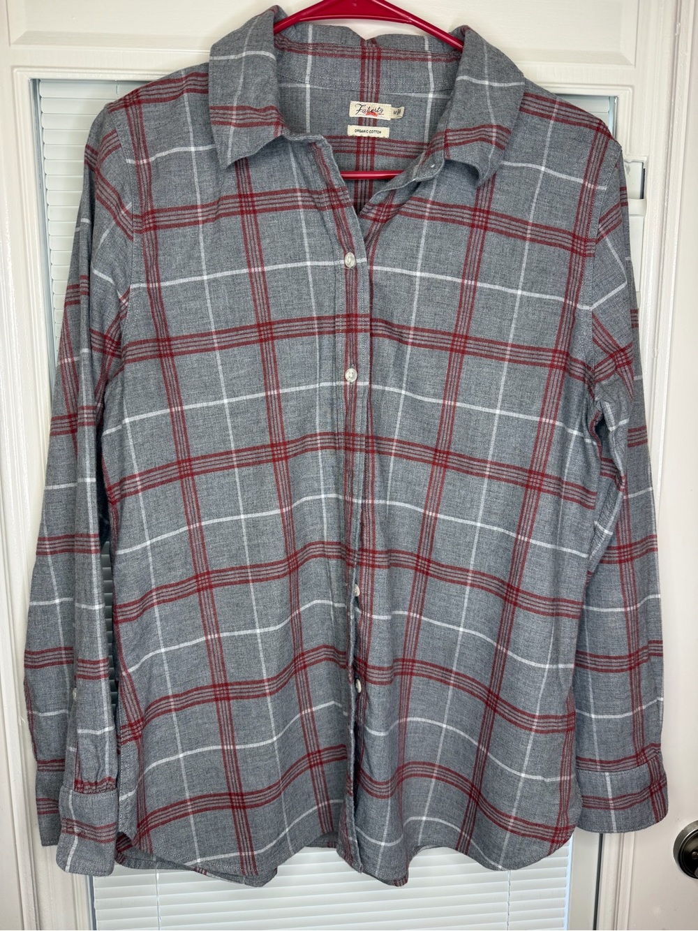 Faherty Gray Plaid Button-Down Shirt with Red and White Lines